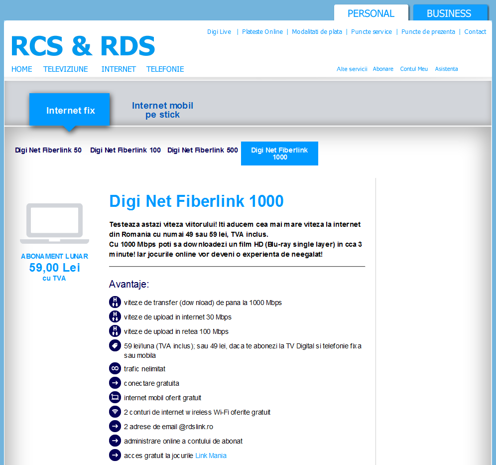 rcs-rds Internet pricing in Romanian