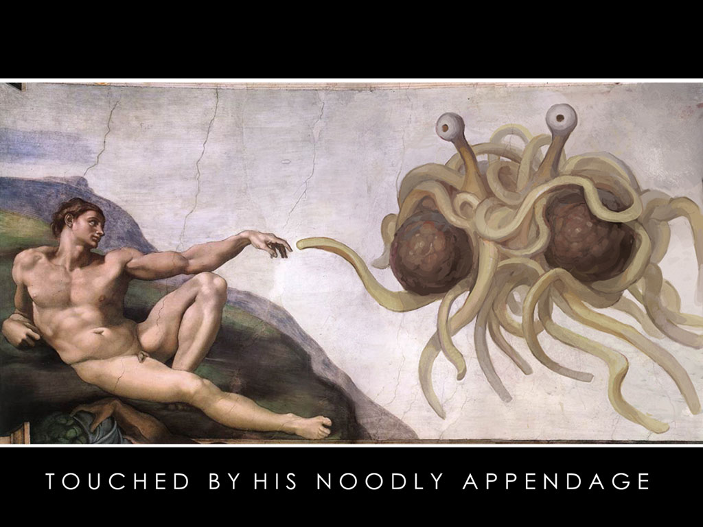 Flying Spaghetti Monster touched by his noodly appendage