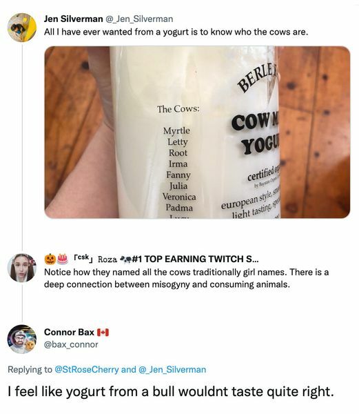 All I ever wanted from a yogurt is to know who the cows are. Notice how they name all the cows traditionally girl names. There is a deep connection between misogyny and consuming animals. I feel like yogurt from a bull wouldn't taste quite right.