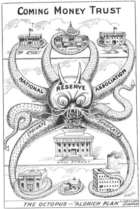 Political cartoon dealing with the 1912 Aldrich Plan to bring central banking to the United States, one year before the creation of the Federal Reserve. Amazingly accurate.